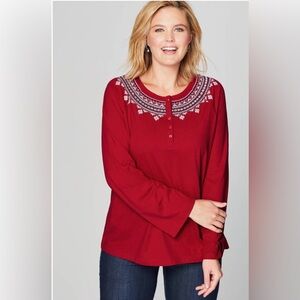 New J.Jill Red Embroidered Long Sleeve Top T-Shirt Size Medium